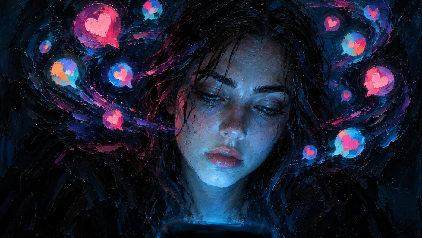 A young woman lit by her phone, eyes glazed, notification hearts spiraling around her head