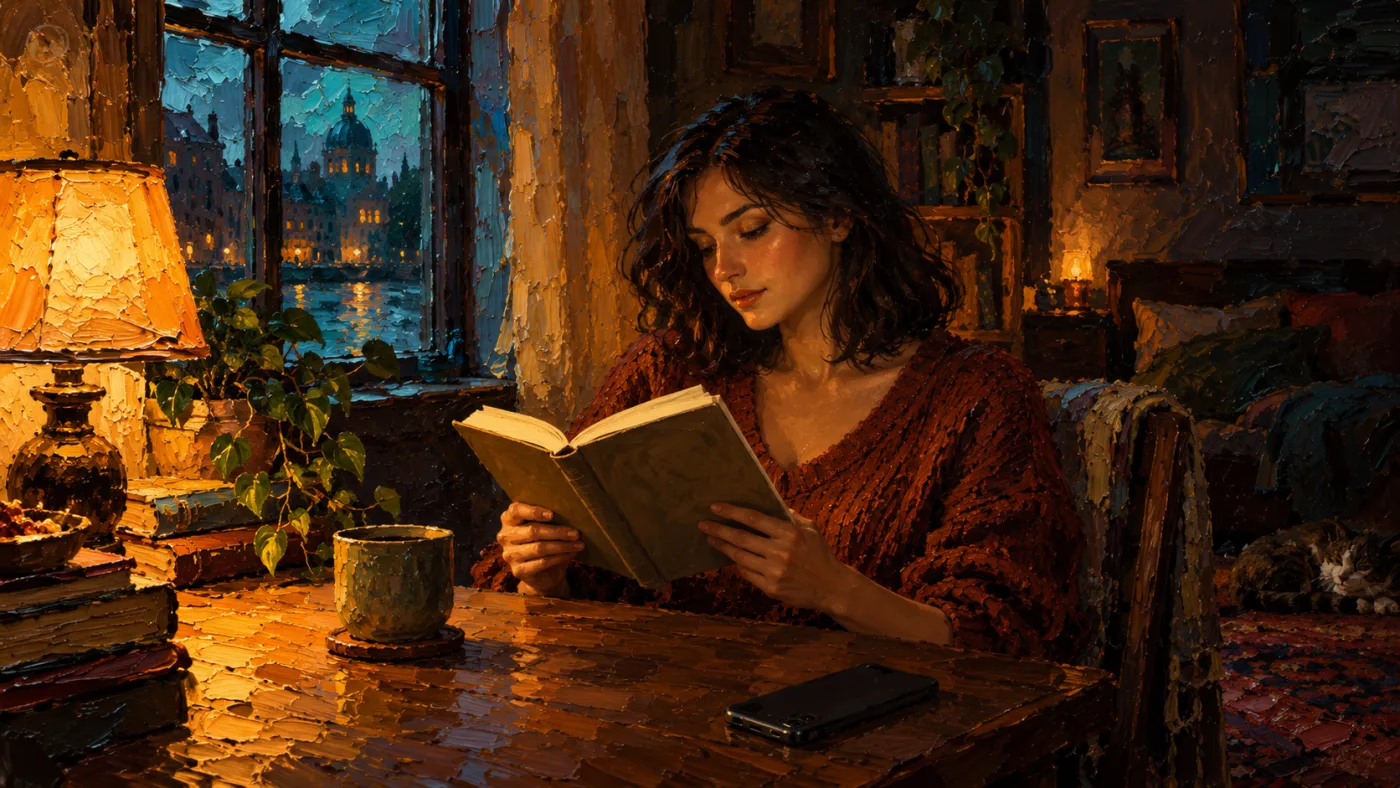 A young woman reading a paper book by lamplight, her phone face-down and dark on the table