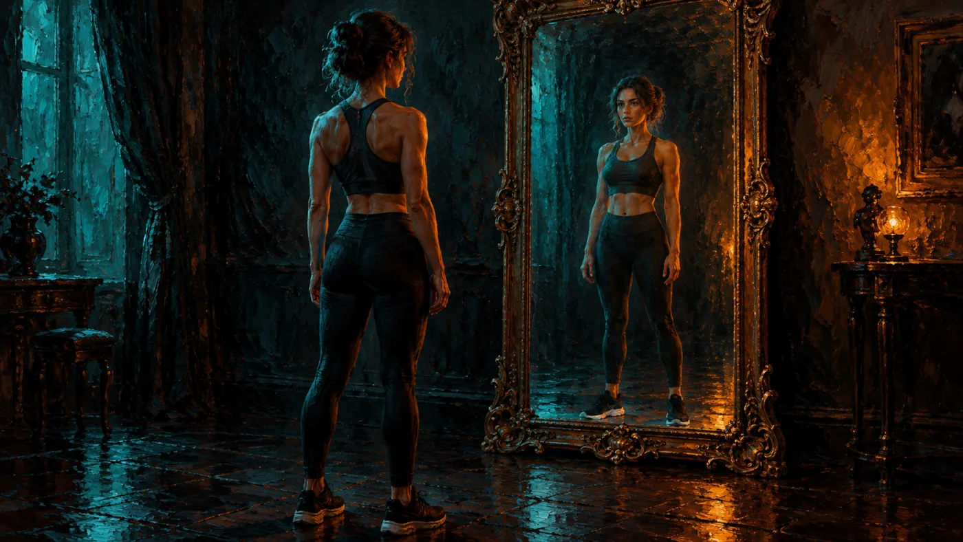 A woman in workout clothes faces an ornate mirror, her reflection matching her