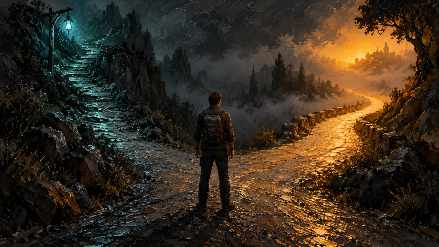 A lone figure at a fork: a steep path lit cold teal, and a smooth warm amber path into fog