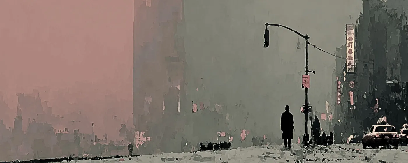 The same city street rendered in muted pink and gray tones