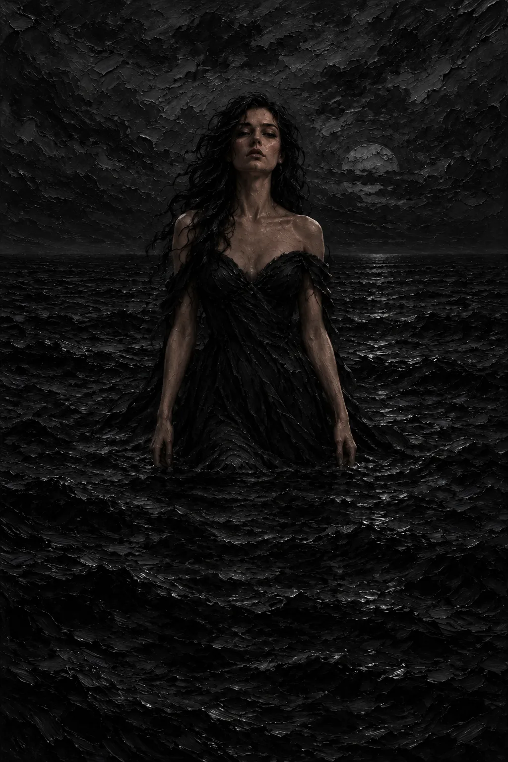 A woman standing in a black sea under a charcoal sky, no reflection, a faint silver rim of light on her outline