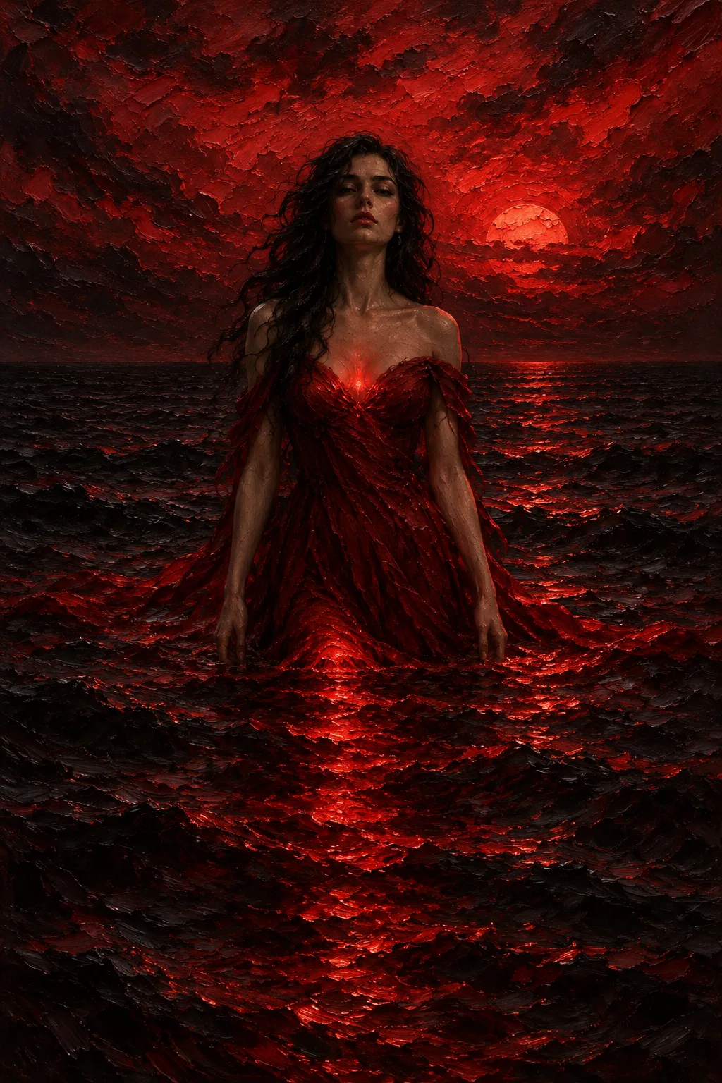 The same woman in a crimson dress in a blood-red sea under a red sky, a red glow at her chest