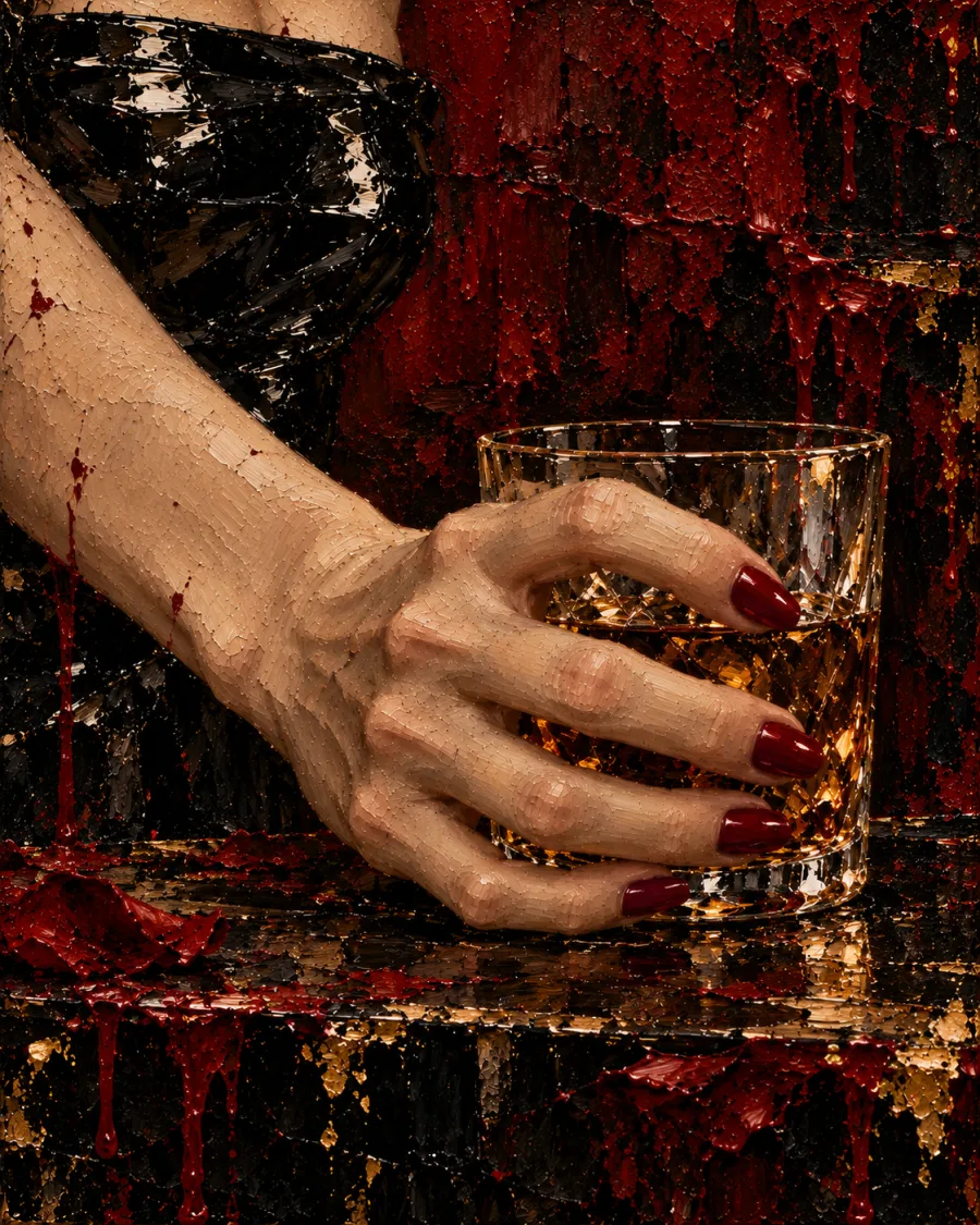 Rose’s red-nailed hand tightening around her glass