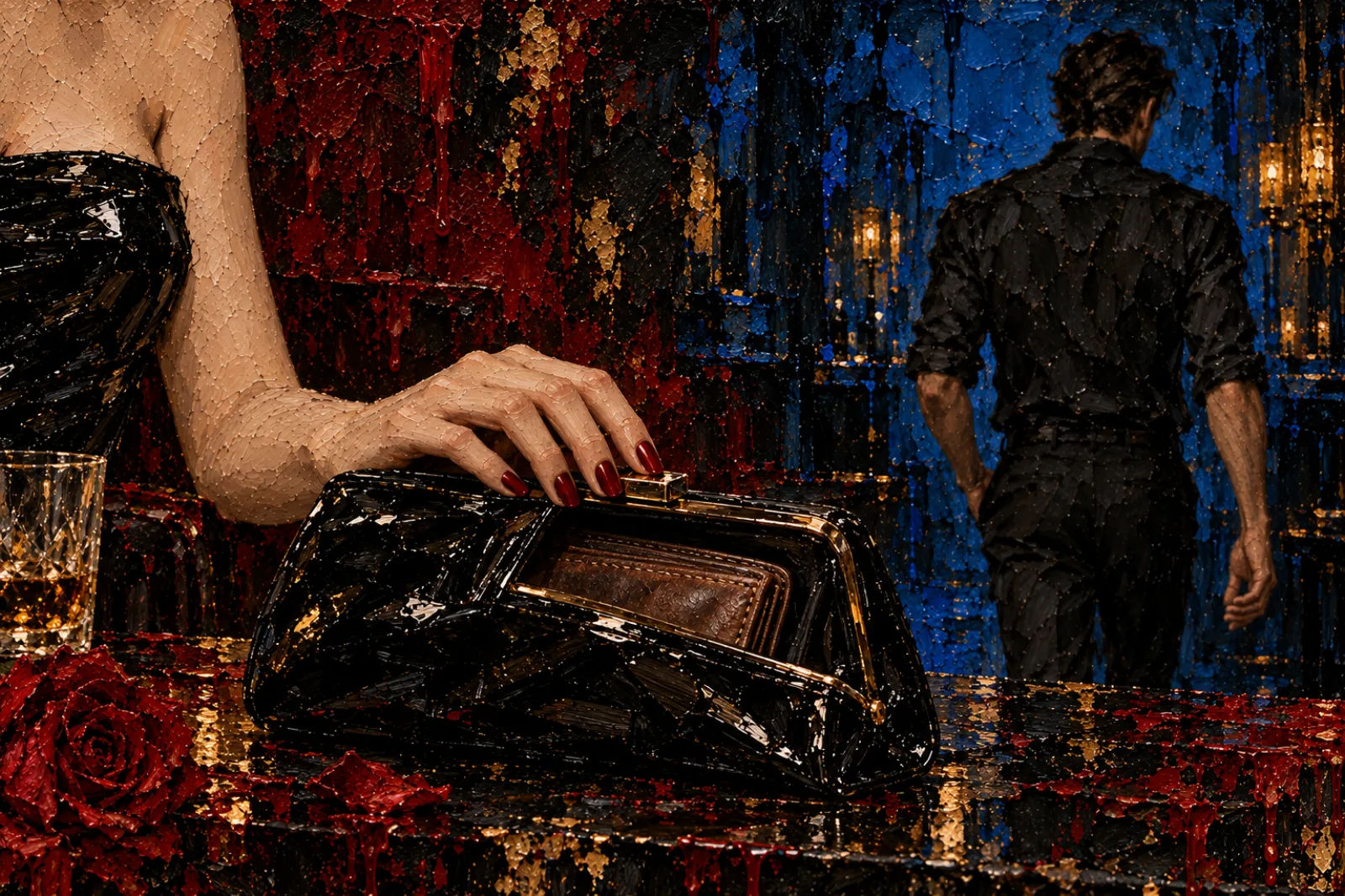A black patent clutch on the bar, a brown leather wallet tucked inside