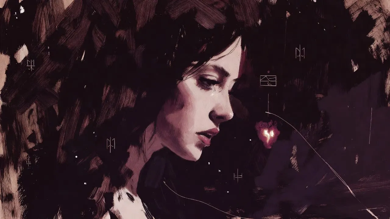A painted portrait of a woman facing a glowing heart