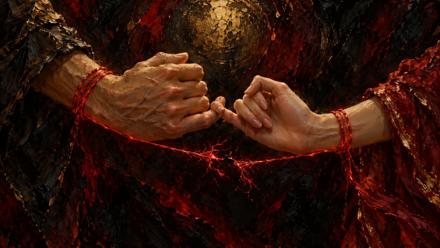 Two hands locked in a pinky promise, a glowing red thread wound around both wrists and fraying
