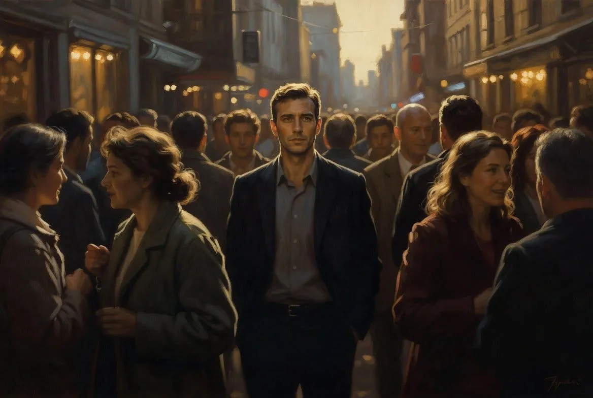 A serious man looks ahead while a crowd talks around him on a city street