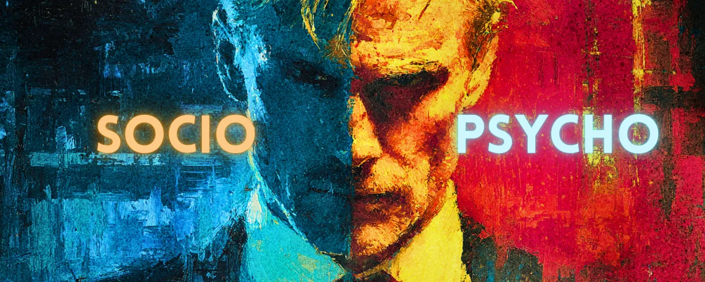 Two painted faces divided between blue and red with the words Socio and Psycho