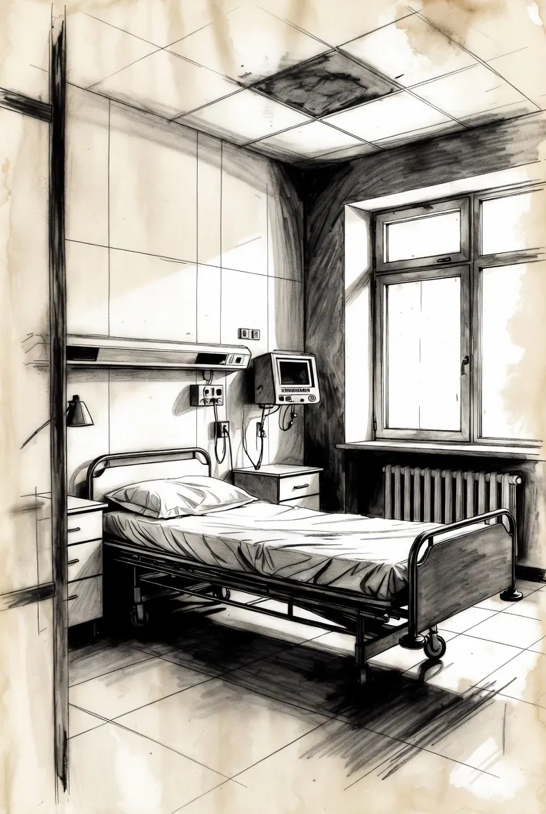 Pencil sketch of an empty hospital room with a bed by the window