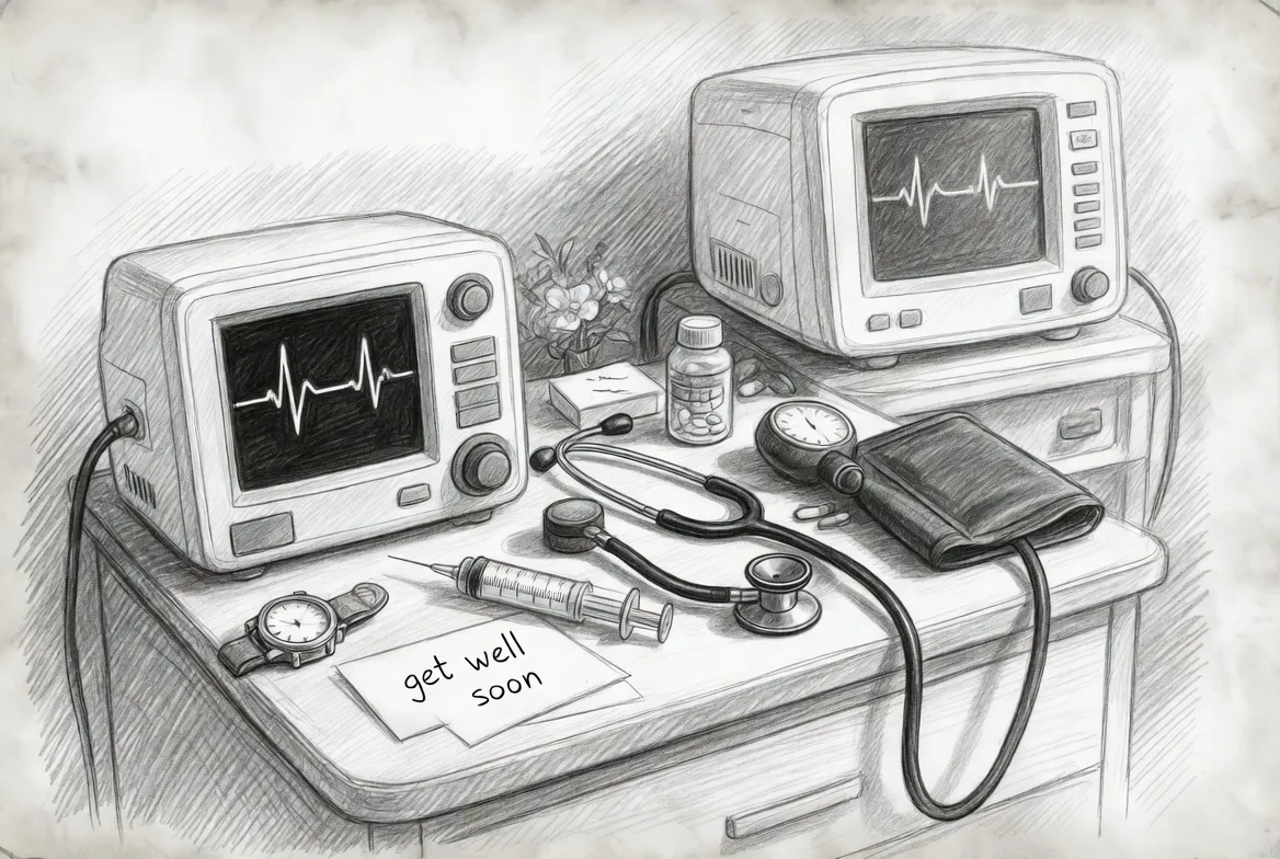 Pencil sketch of heart monitors, a stethoscope and a get well soon card on a bedside table