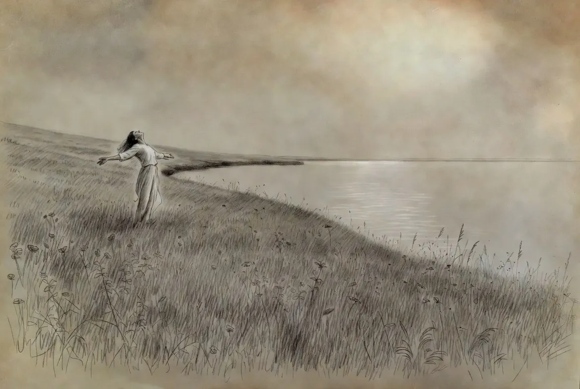 Sepia sketch of a woman with arms open in a grassy field by a lake
