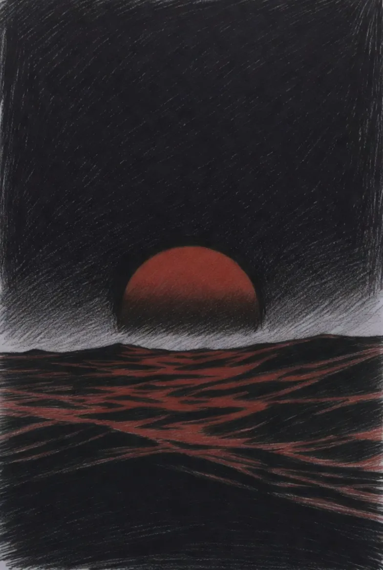 Charcoal drawing of a dark red sun rising over a black sea