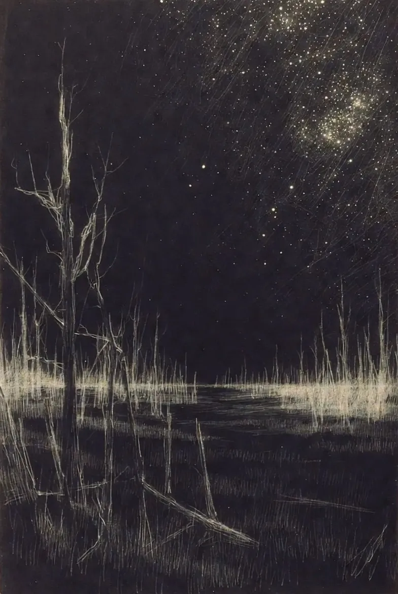 Dark sketch of bare trees and tall grass under a sky of stars