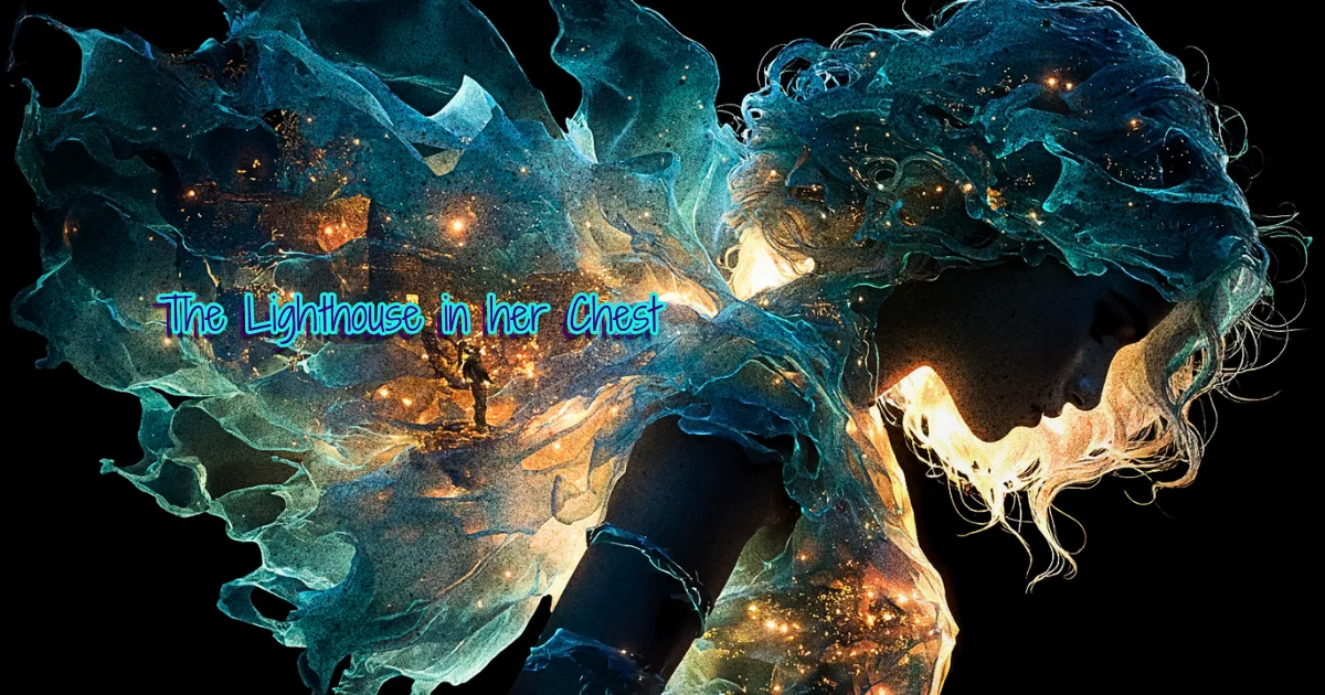 A woman made of teal water and glowing orange light, a tiny lighthouse scene inside her chest