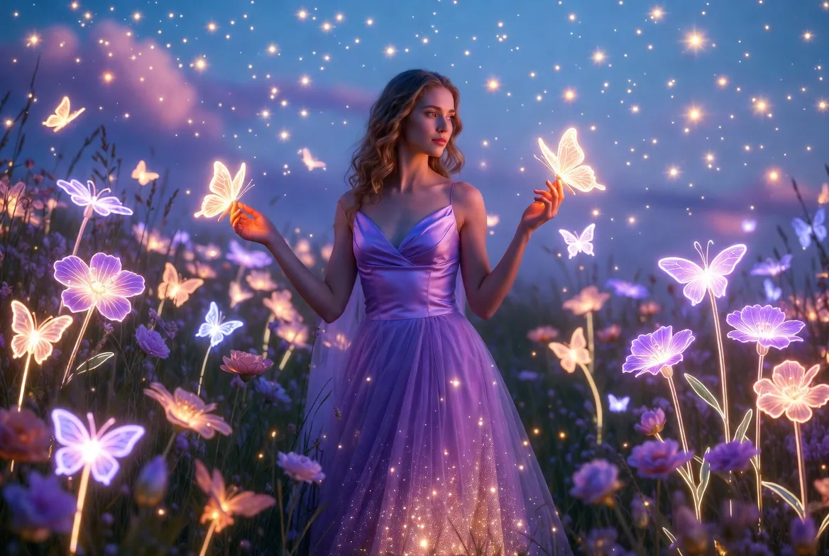 A woman in a violet gown among glowing butterflies under a starry purple sky