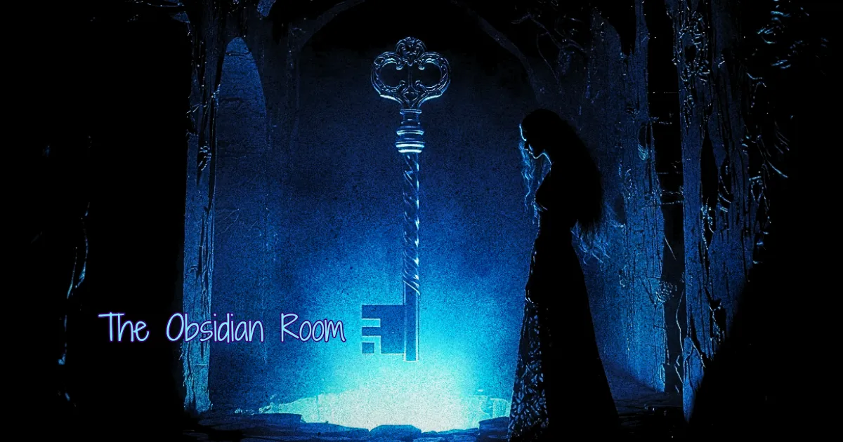 A dark obsidian chamber lit by blue light, a silver key floating beside a silhouetted woman