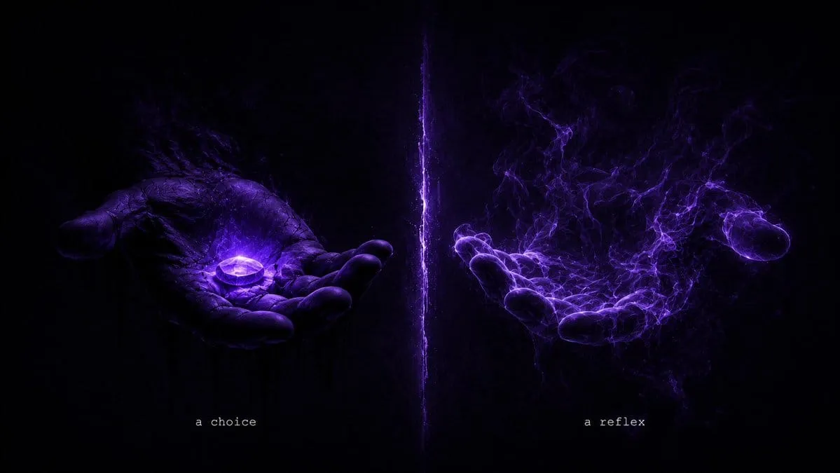 Two open hands contrast a solid glowing stone with violet strands unraveling into light
