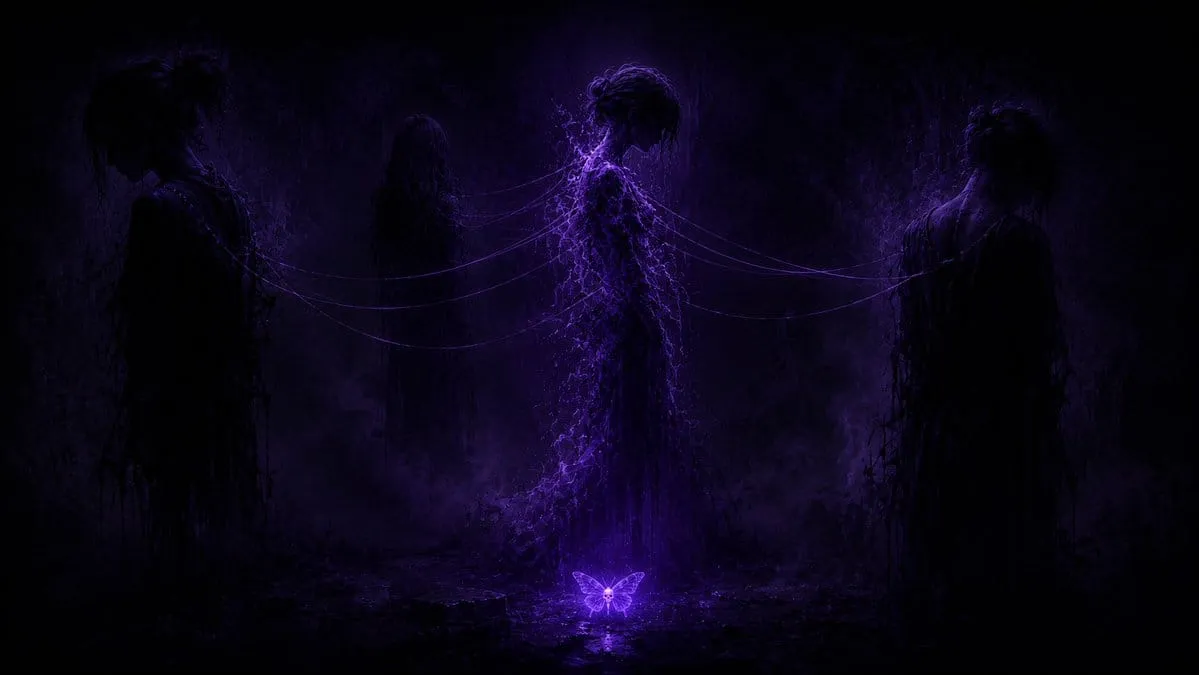 A glowing woman is connected by fine purple strands to shadowed figures