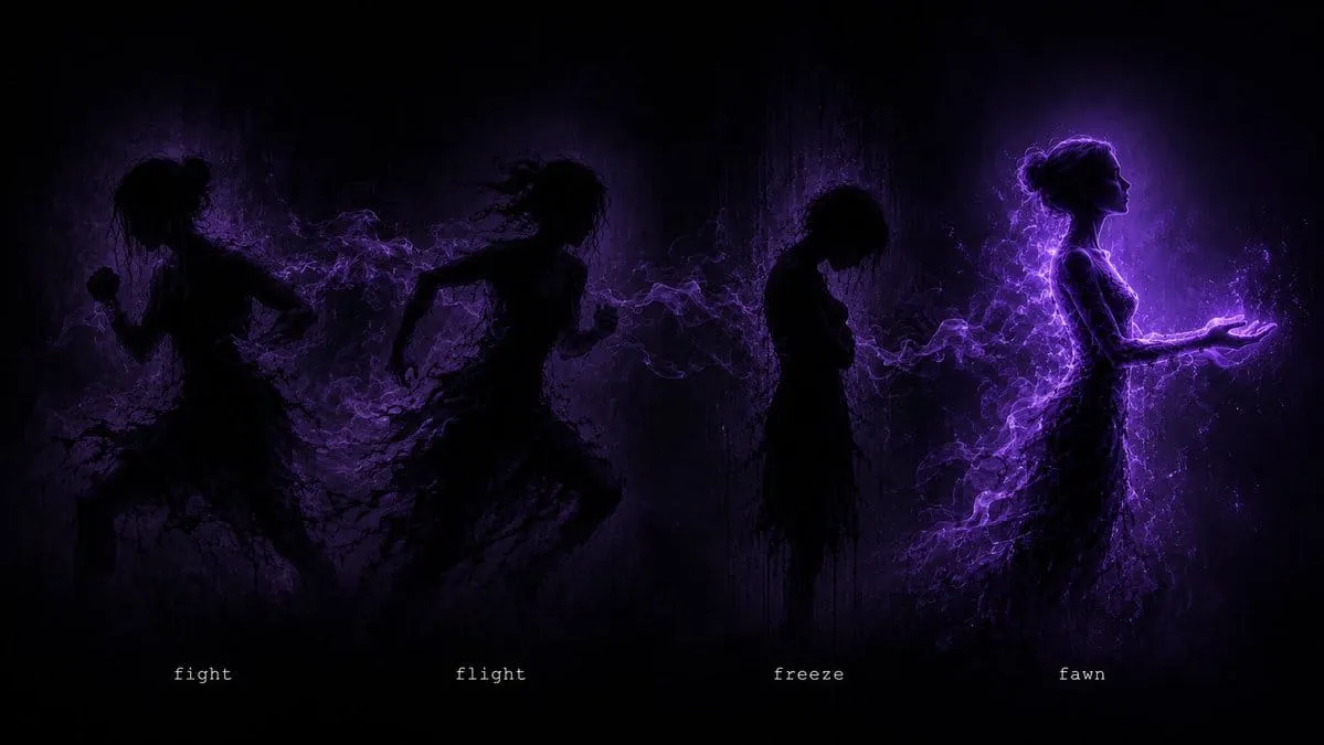 Four shadowed figures illustrate fight, flight, freeze and fawn in purple light